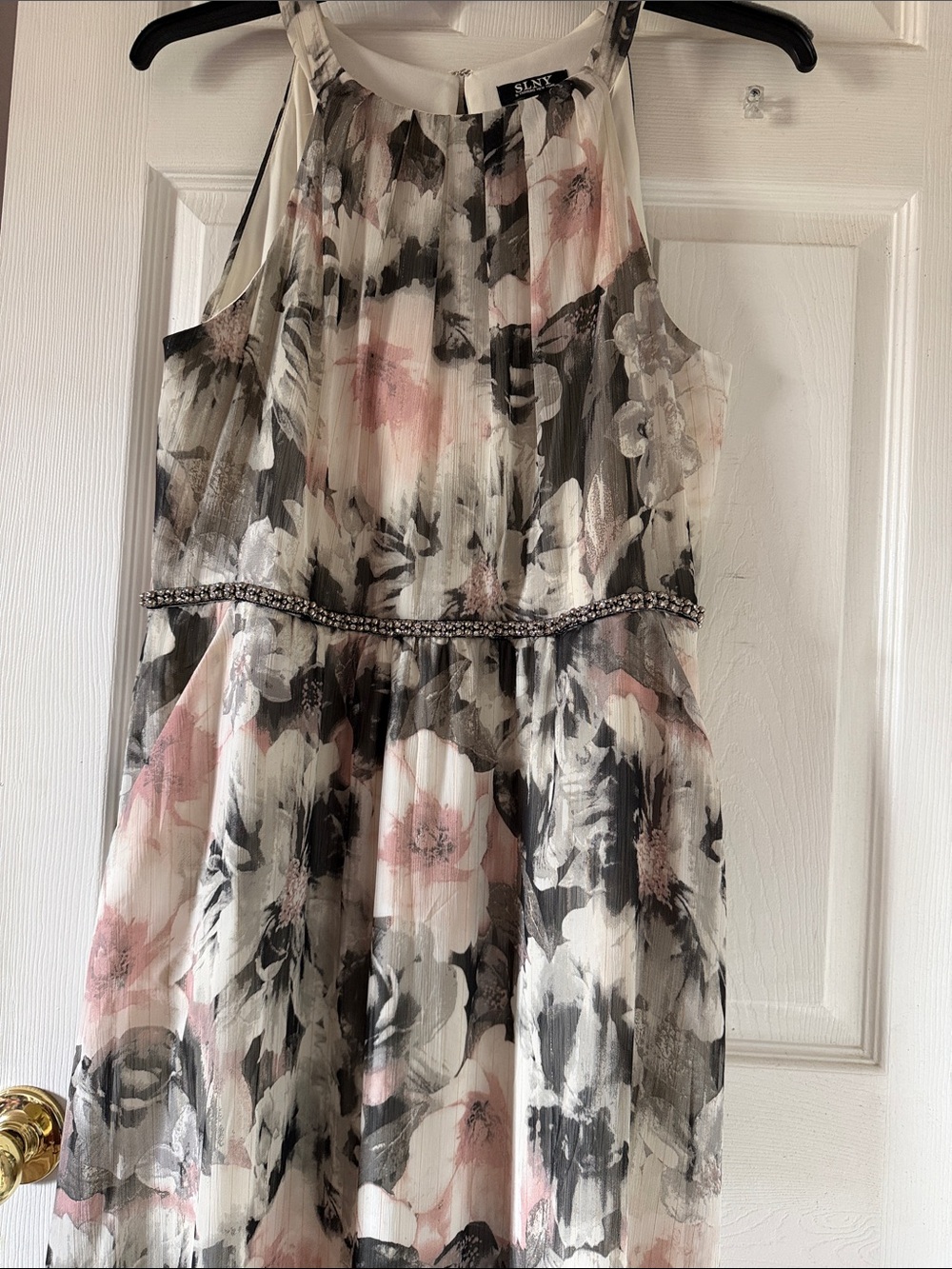 Blush and Gray Floral Halter Maxi Dress side pockets